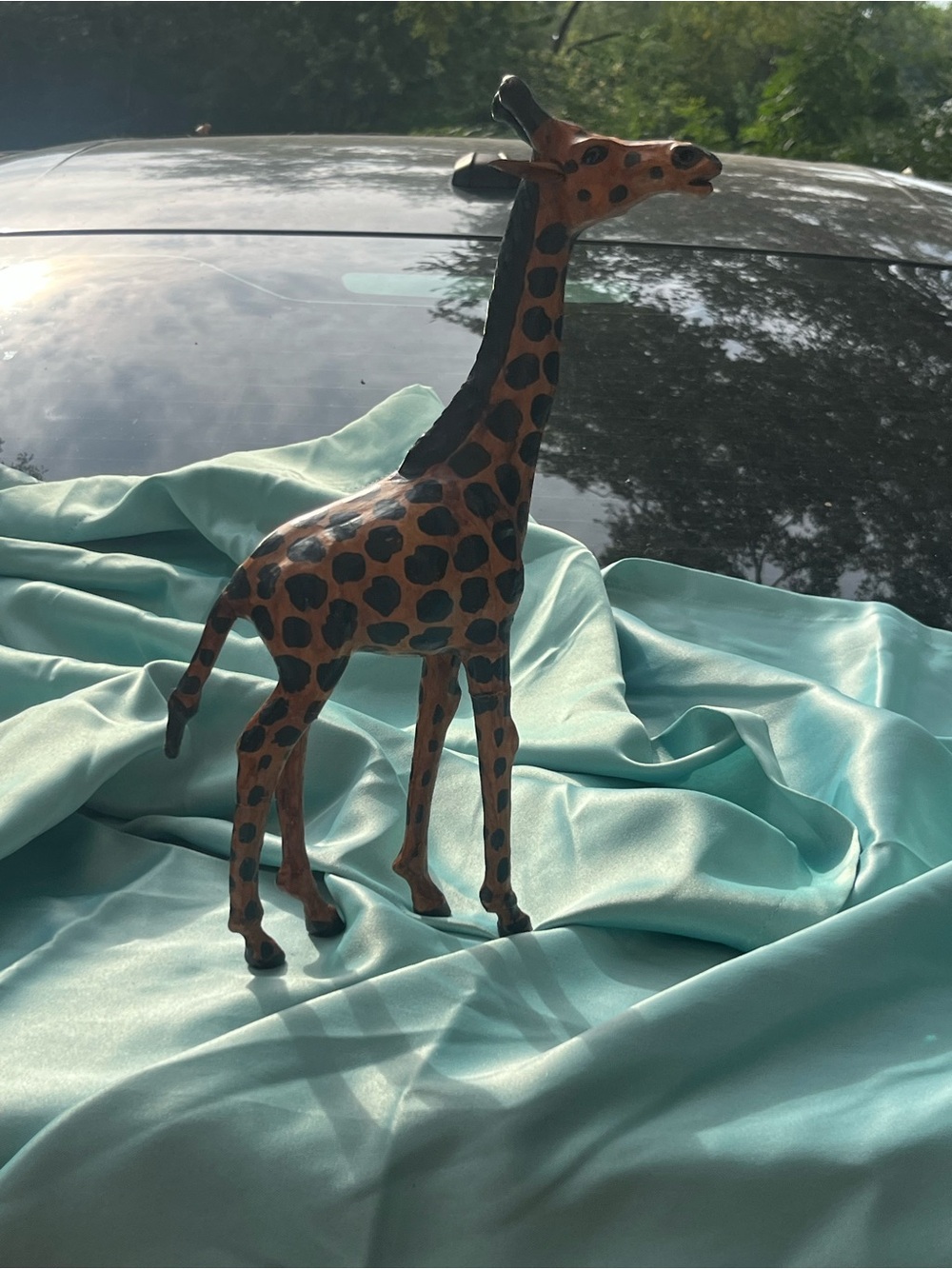 vintage leather-wrapped giraffe, hand-painted dark spots 13.5” African Safari